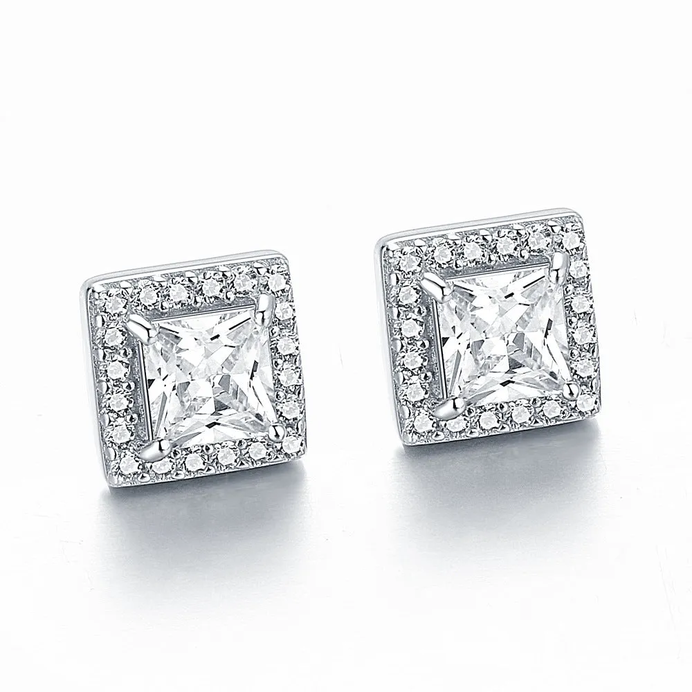 Square Zircon Soleste Halo Silver Studs Earrings for Women