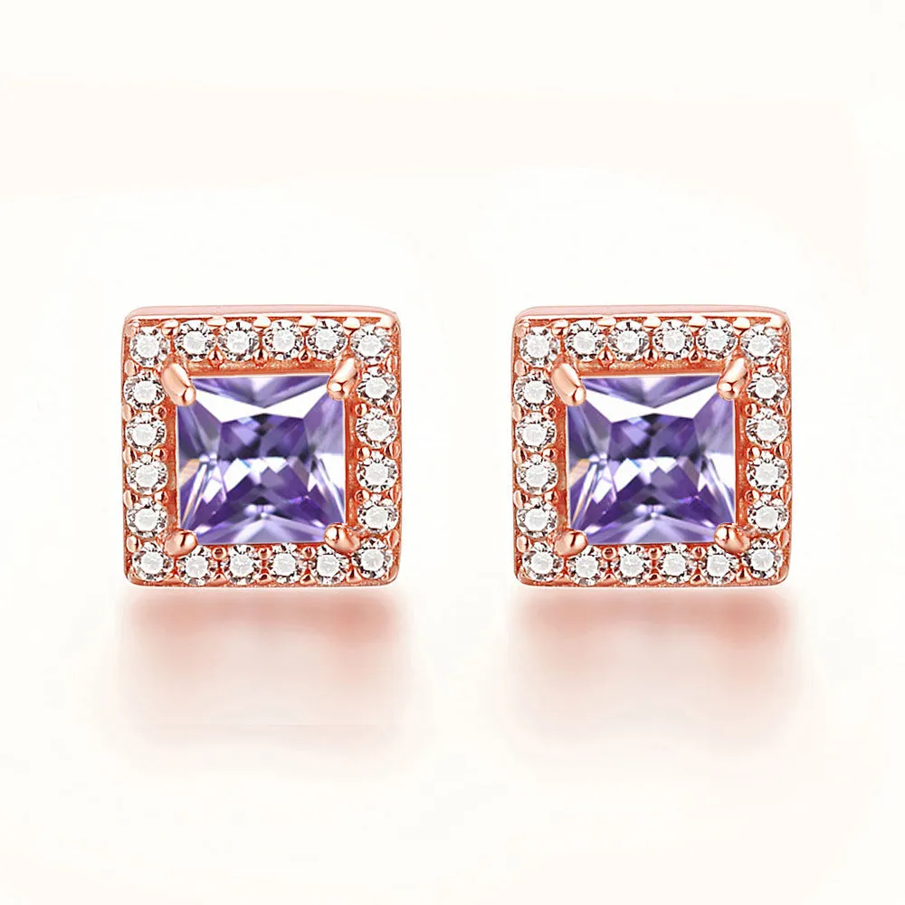 Square Zircon Soleste Halo Silver Studs Earrings for Women