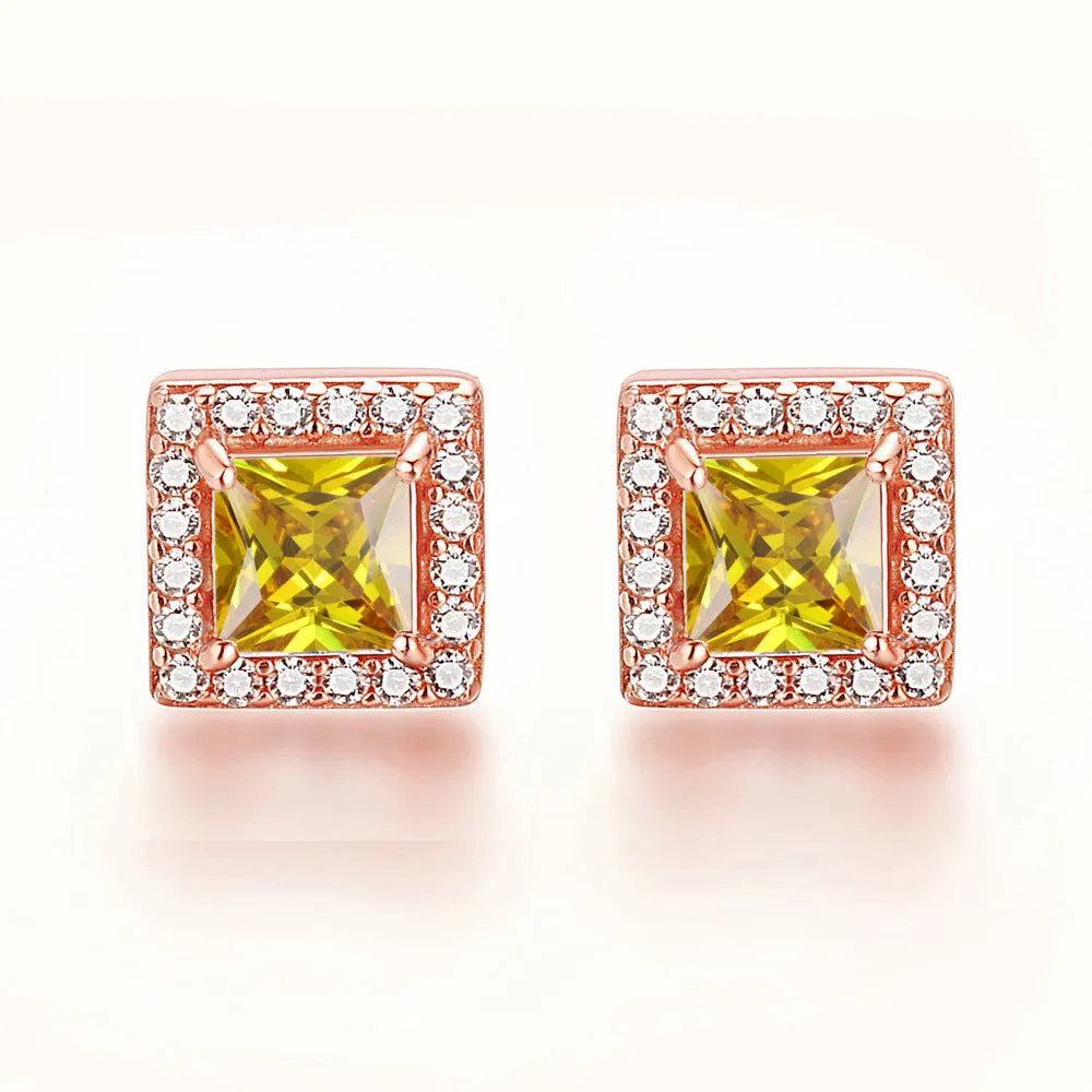 Square Zircon Soleste Halo Silver Studs Earrings for Women