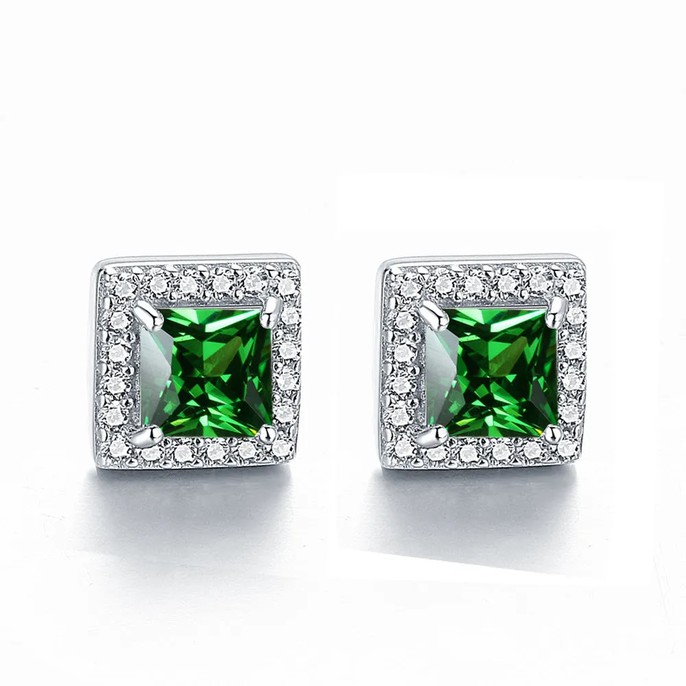 Square Zircon Soleste Halo Silver Studs Earrings for Women