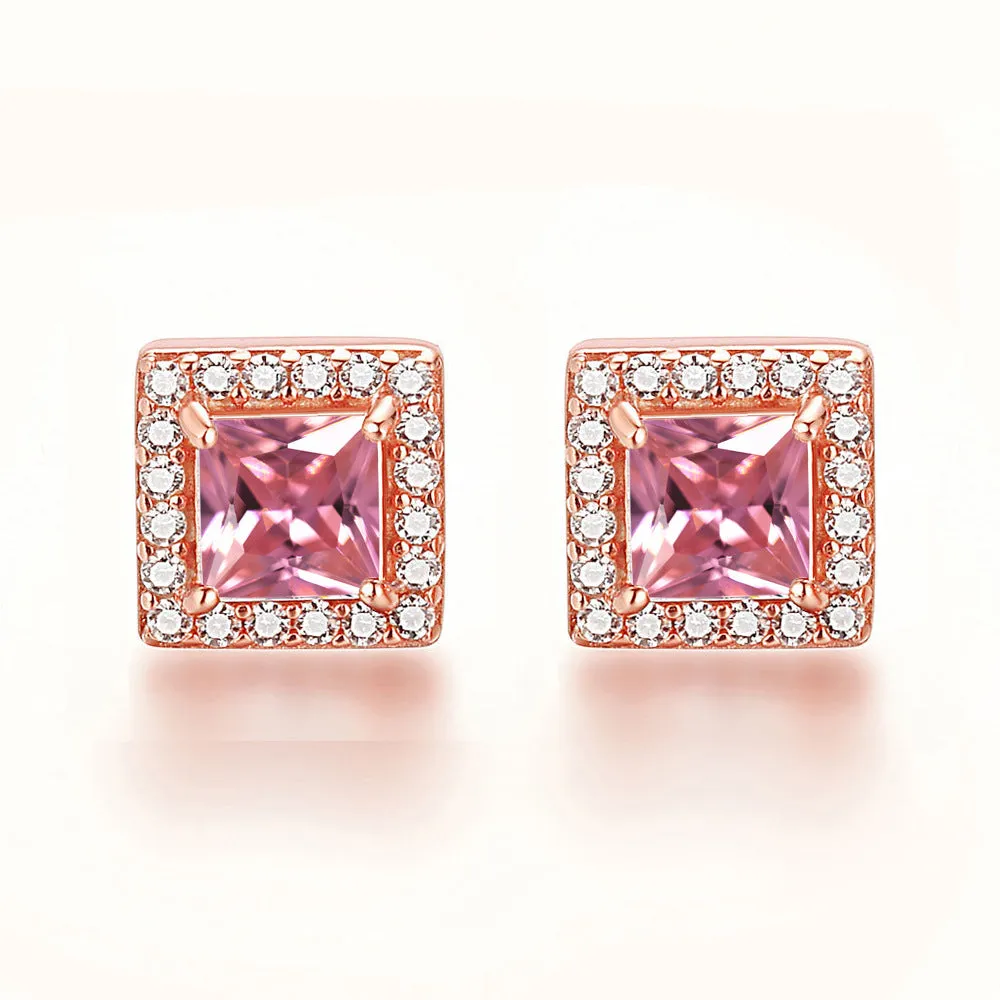 Square Zircon Soleste Halo Silver Studs Earrings for Women