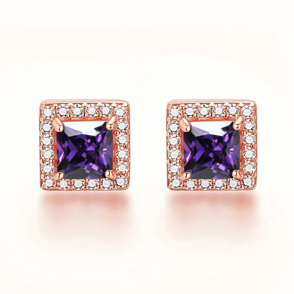 Square Zircon Soleste Halo Silver Studs Earrings for Women