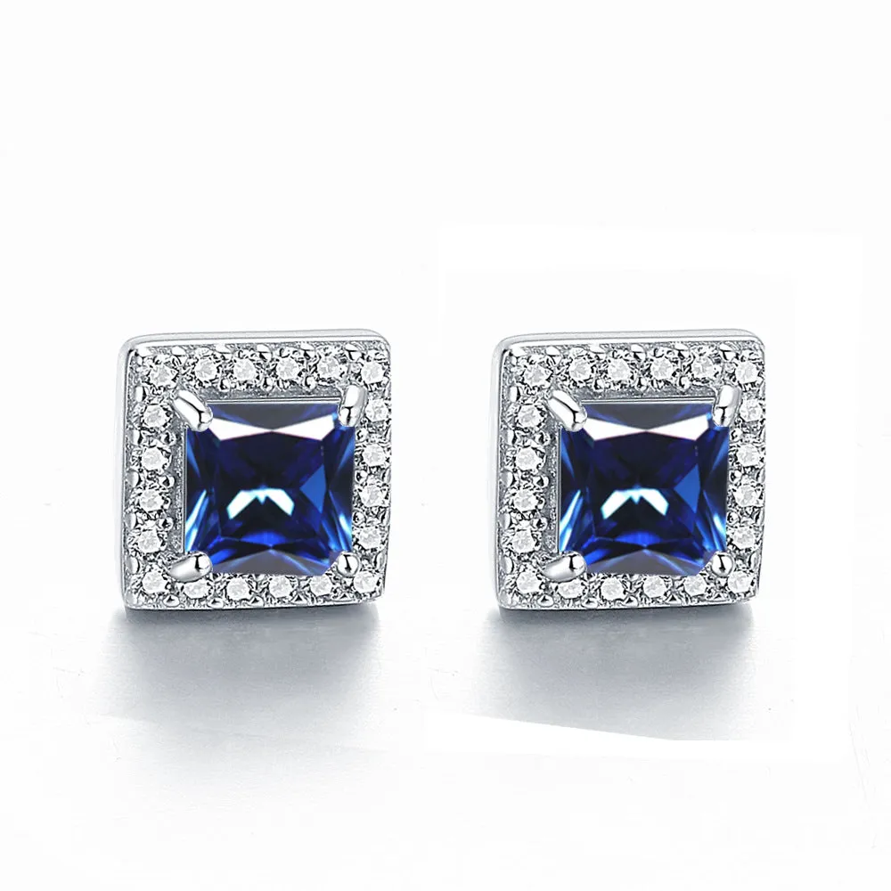 Square Zircon Soleste Halo Silver Studs Earrings for Women