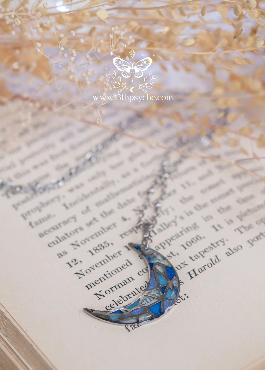 Stained glass inspired blue moon pendant necklace