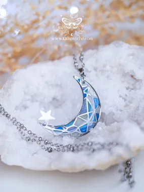 Stained glass inspired blue moon pendant necklace