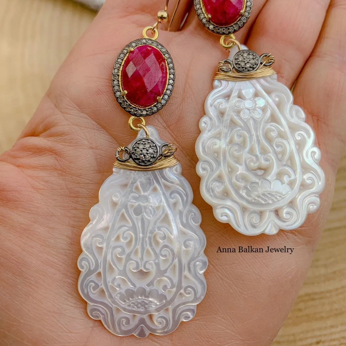 Starlit Ruby: Diamond Pave and Carved Pearl Earrings