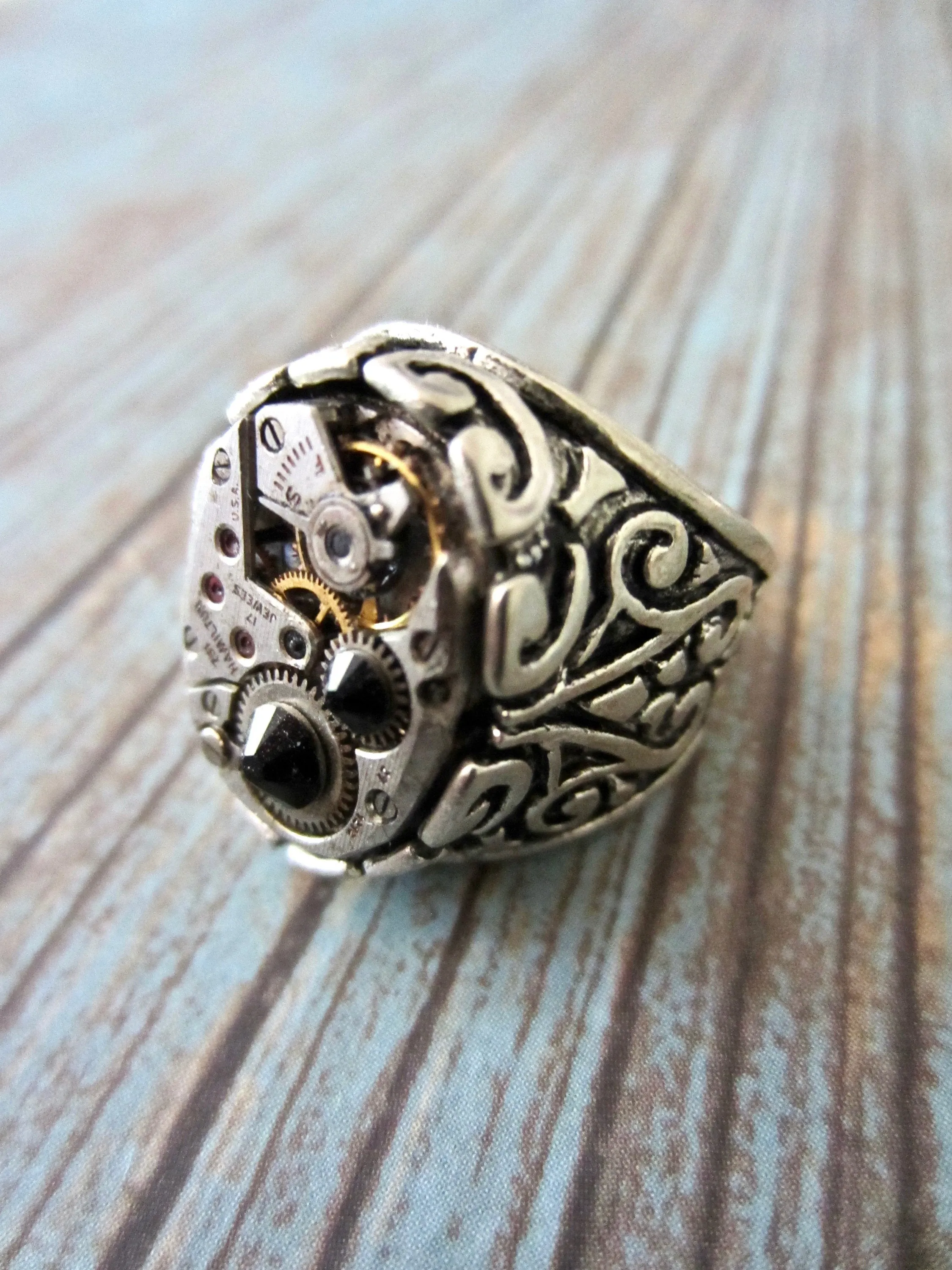 Steampunk Ring - Black / Onyx Ring Hamilton Watch Movement Ring  - Unisex