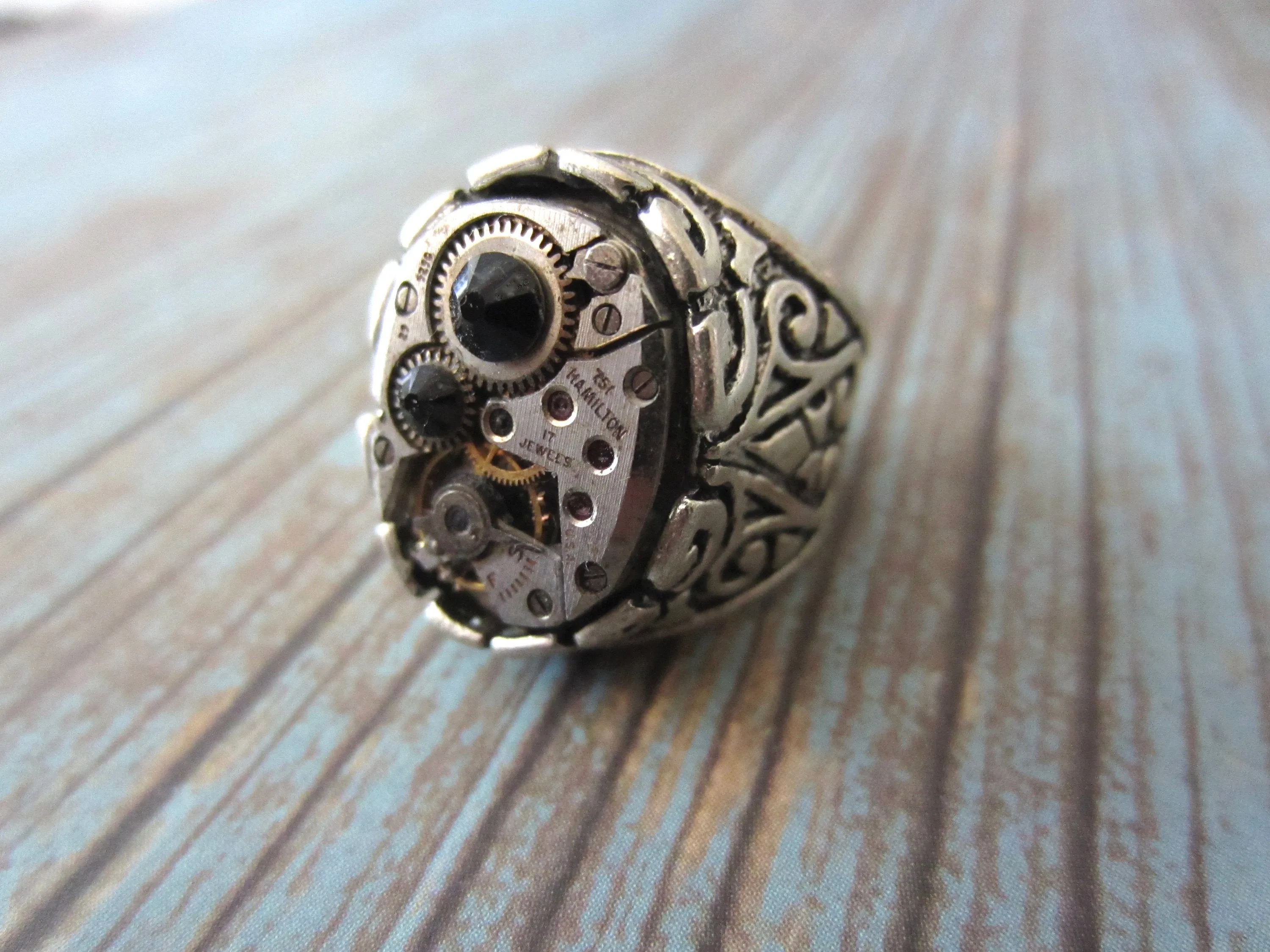 Steampunk Ring - Black / Onyx Ring Hamilton Watch Movement Ring  - Unisex