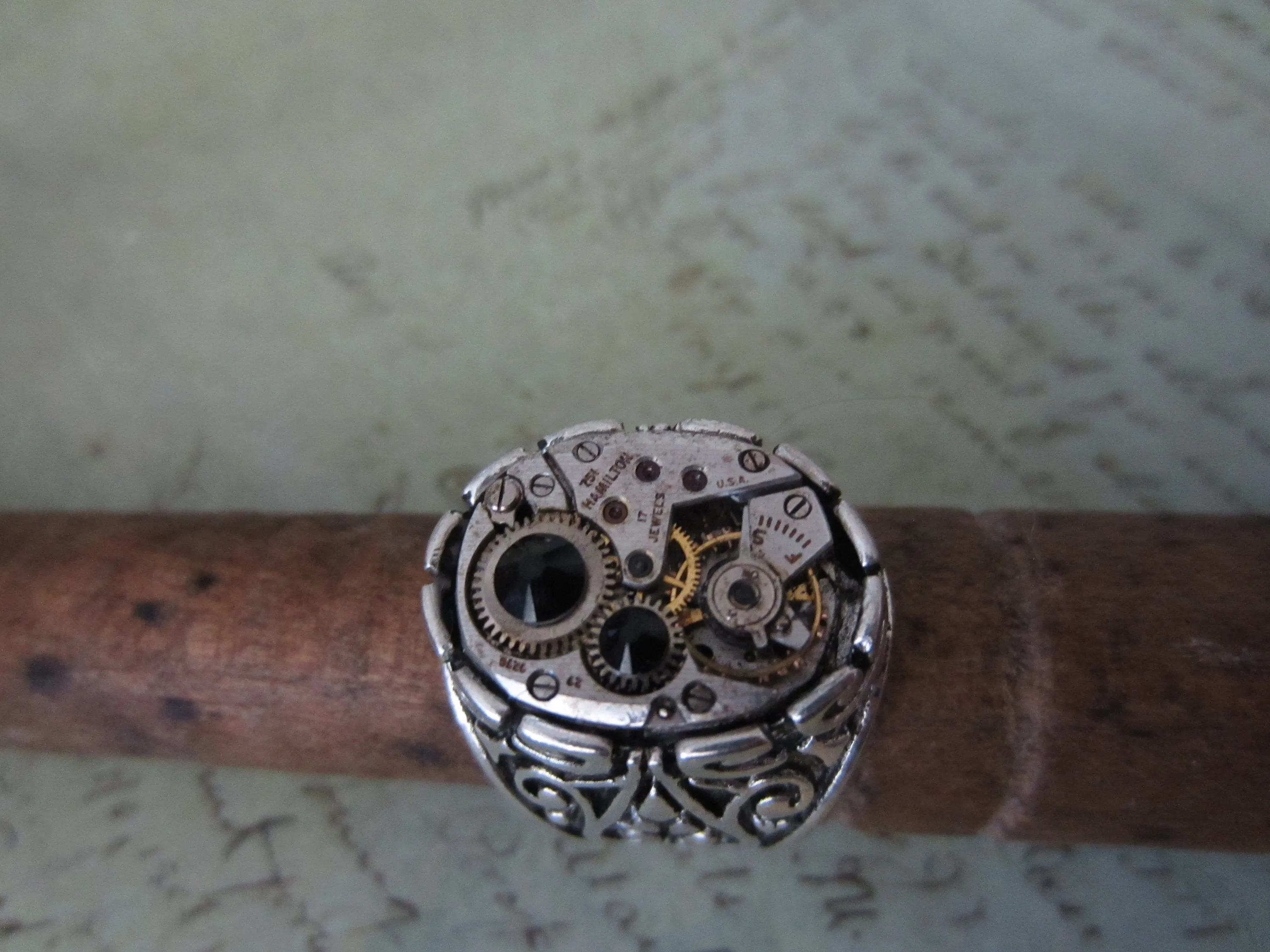 Steampunk Ring - Black / Onyx Ring Hamilton Watch Movement Ring  - Unisex