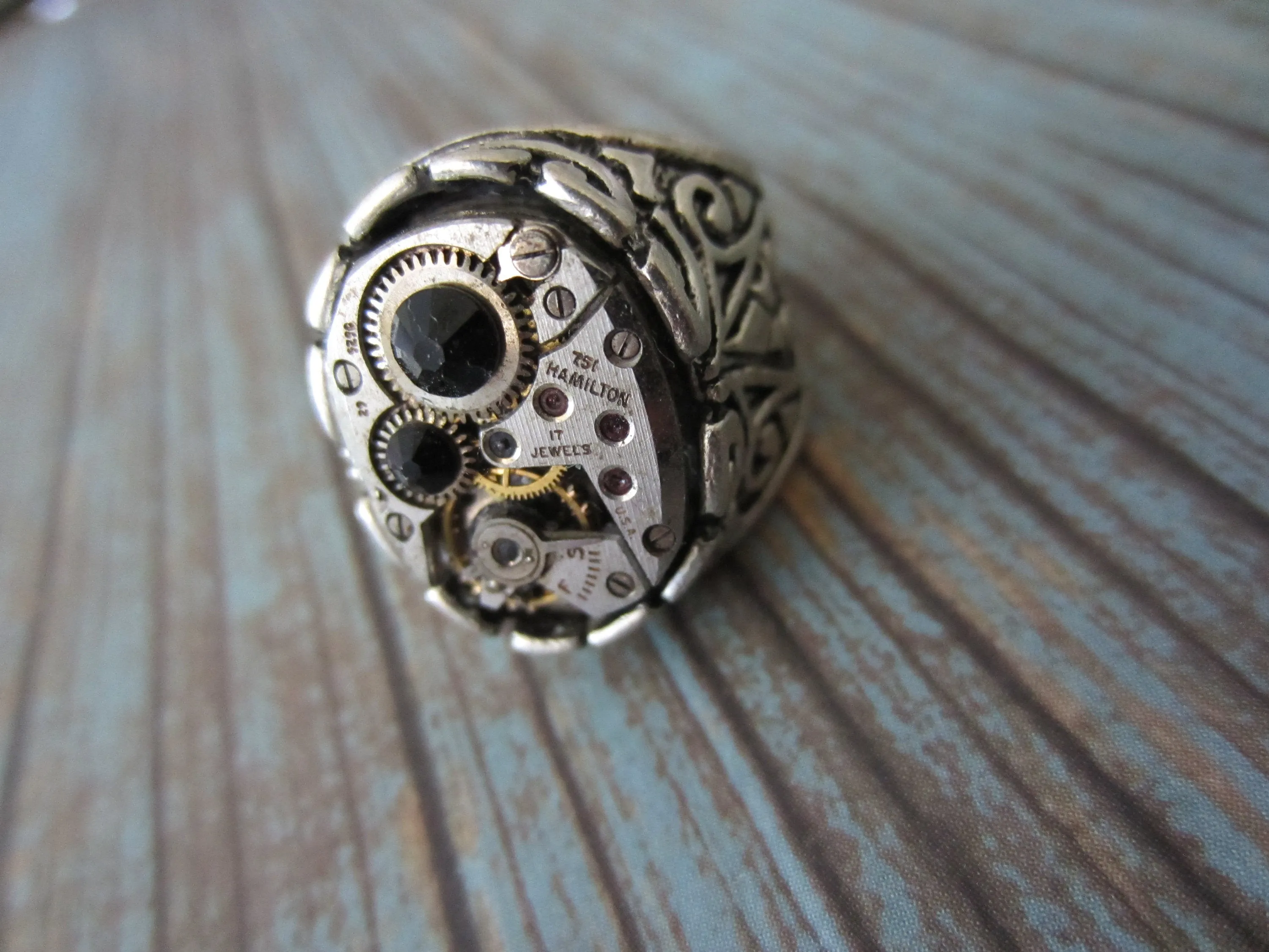 Steampunk Ring - Black / Onyx Ring Hamilton Watch Movement Ring  - Unisex