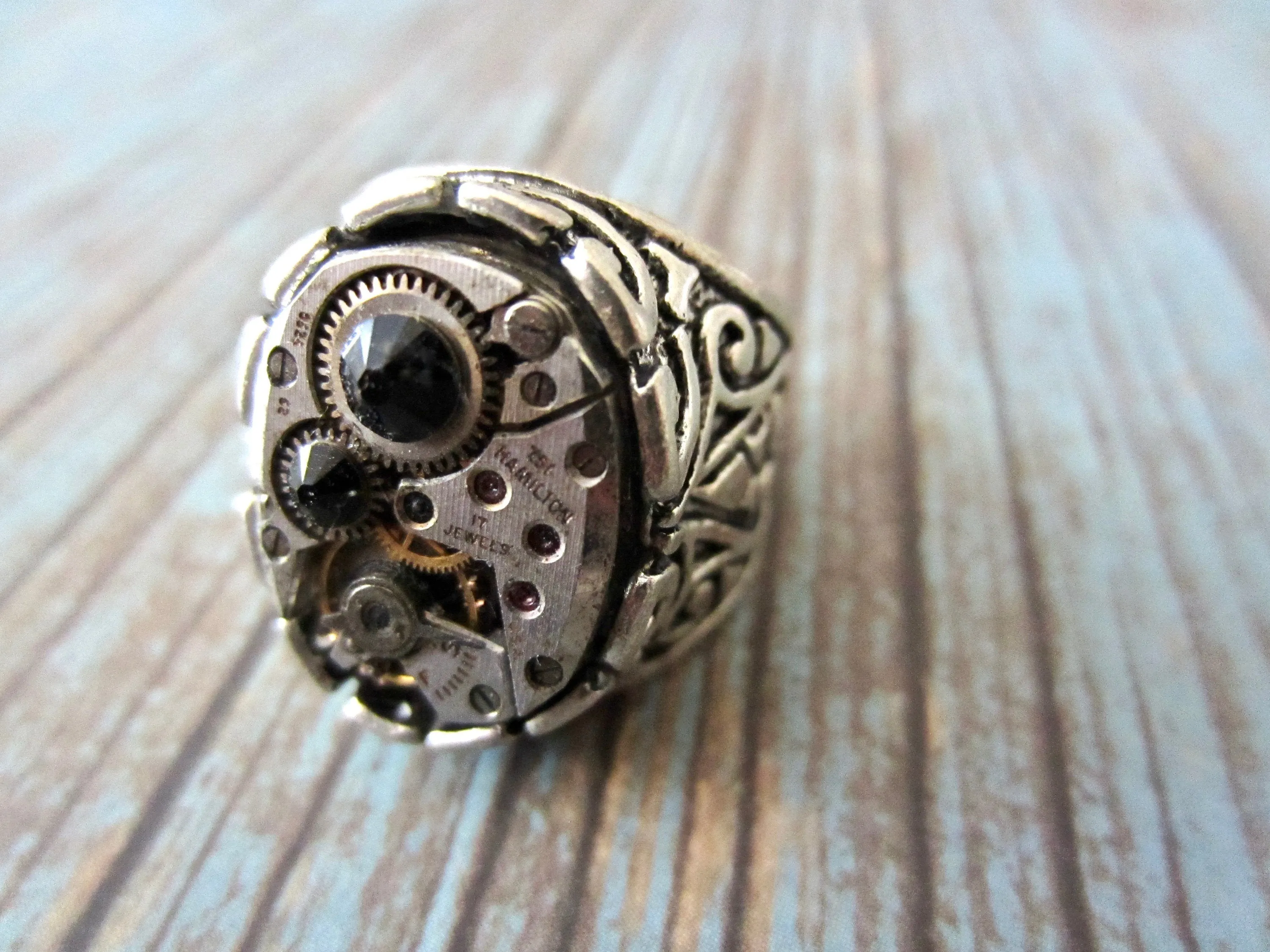 Steampunk Ring - Black / Onyx Ring Hamilton Watch Movement Ring  - Unisex