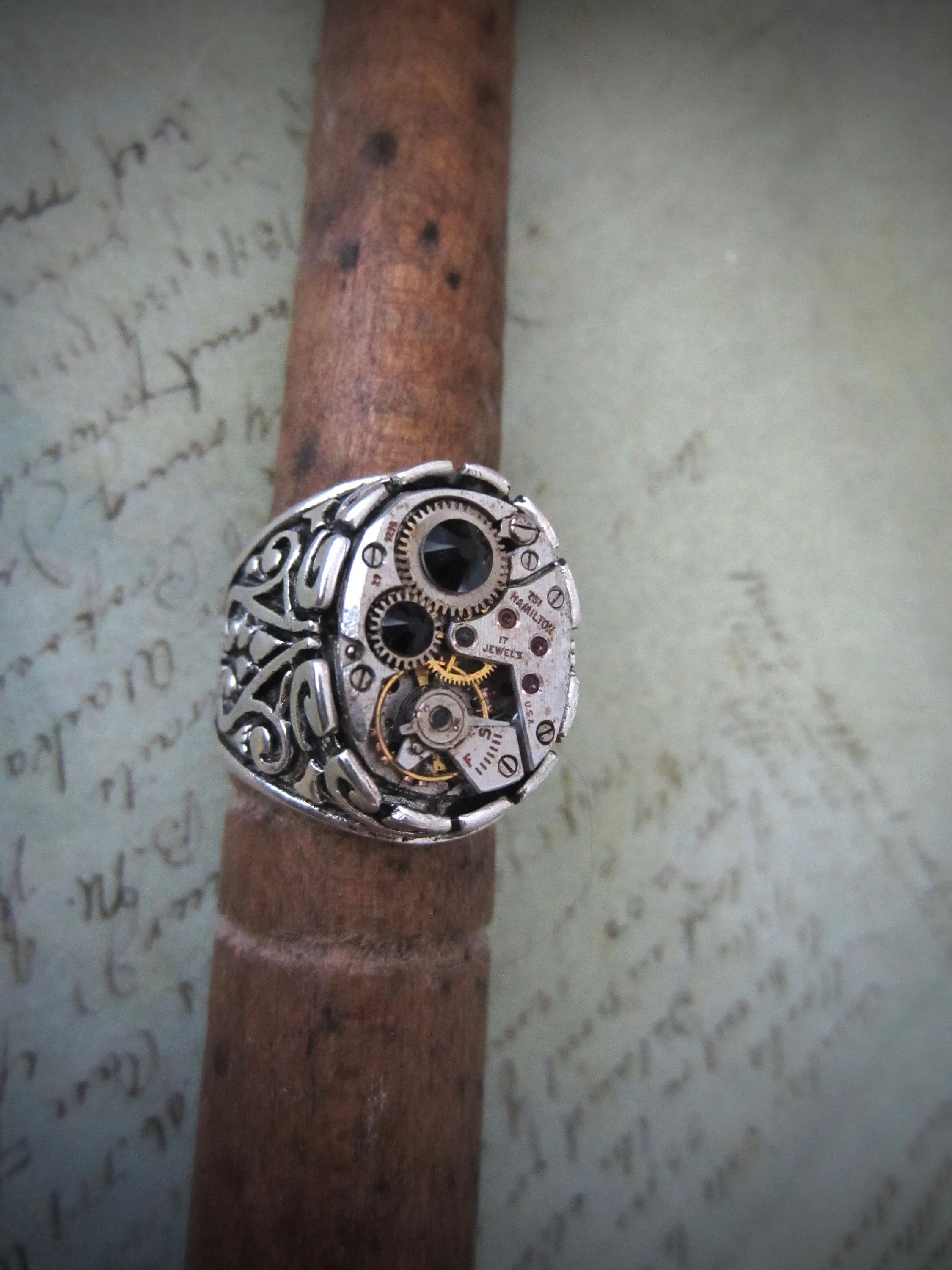 Steampunk Ring - Black / Onyx Ring Hamilton Watch Movement Ring  - Unisex