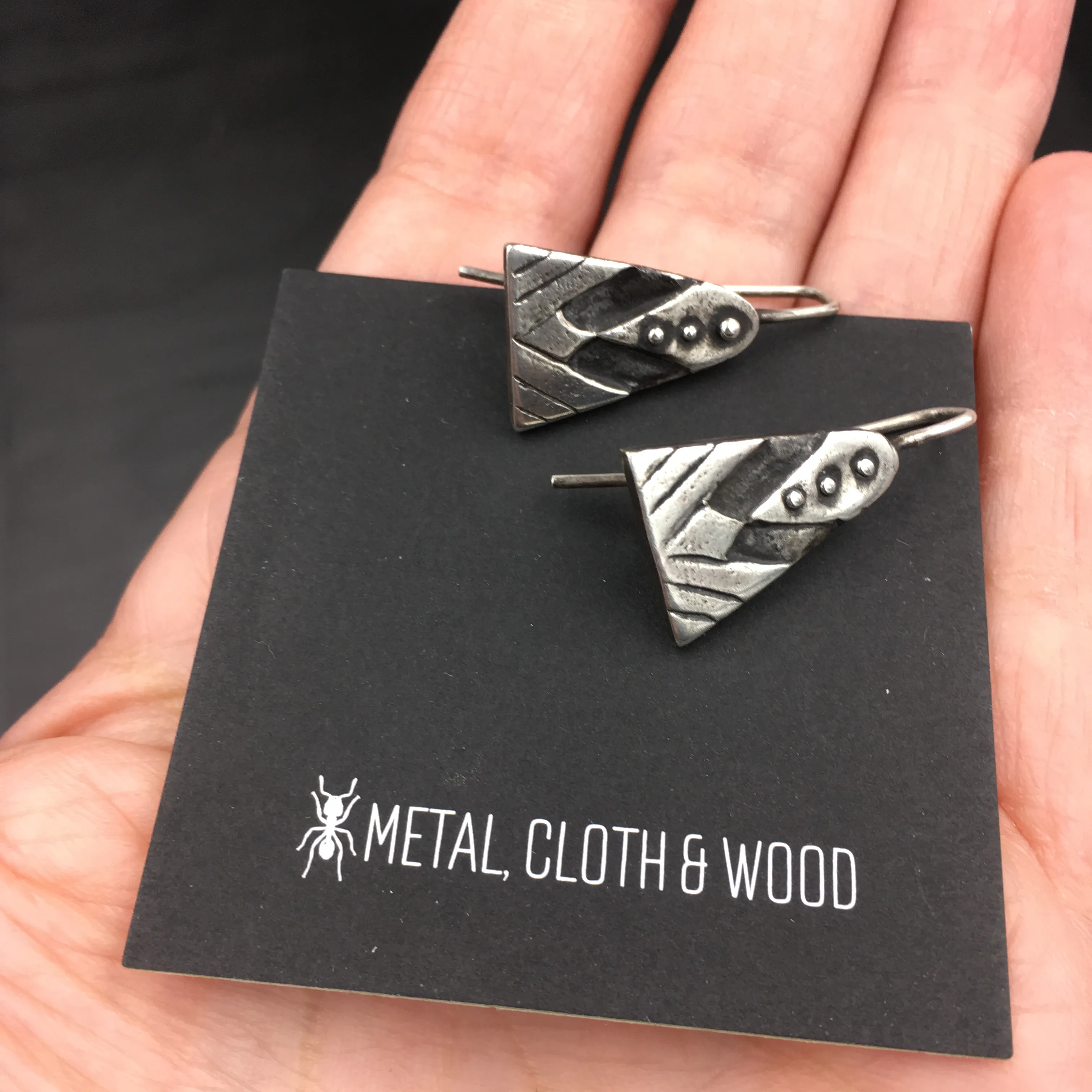 Sterling Silver Primitive Geometric Drop Earrings — Hand Carved Design Made in Certified Eco-Friendly Recycled 925 Sterling Silver