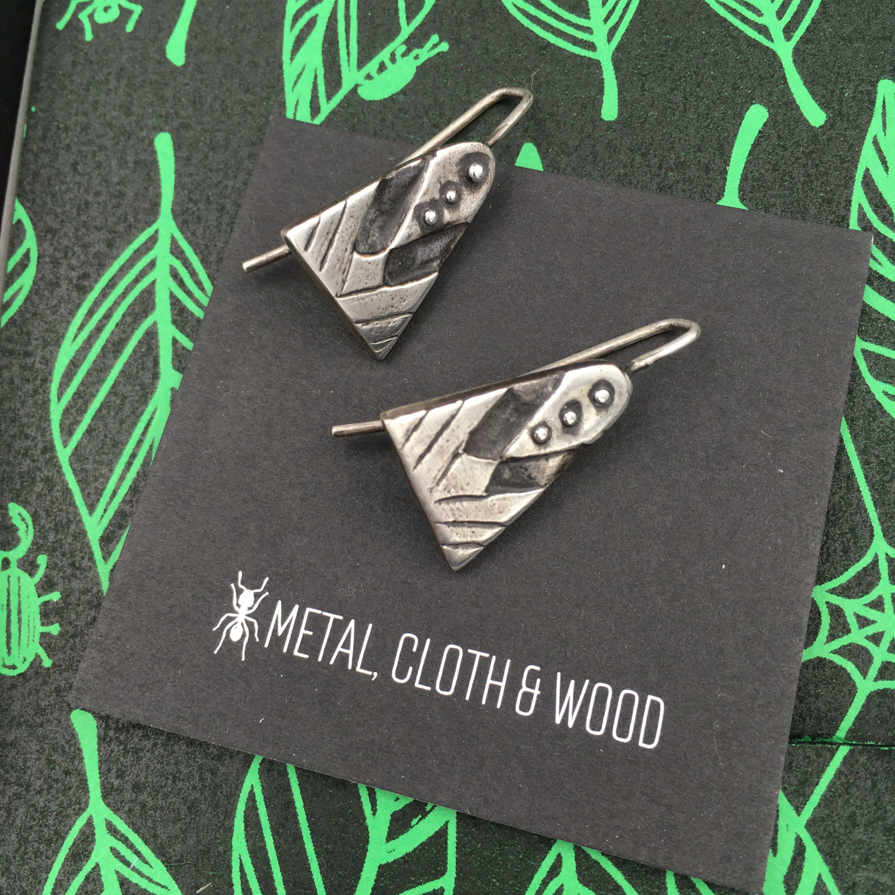 Sterling Silver Primitive Geometric Drop Earrings — Hand Carved Design Made in Certified Eco-Friendly Recycled 925 Sterling Silver