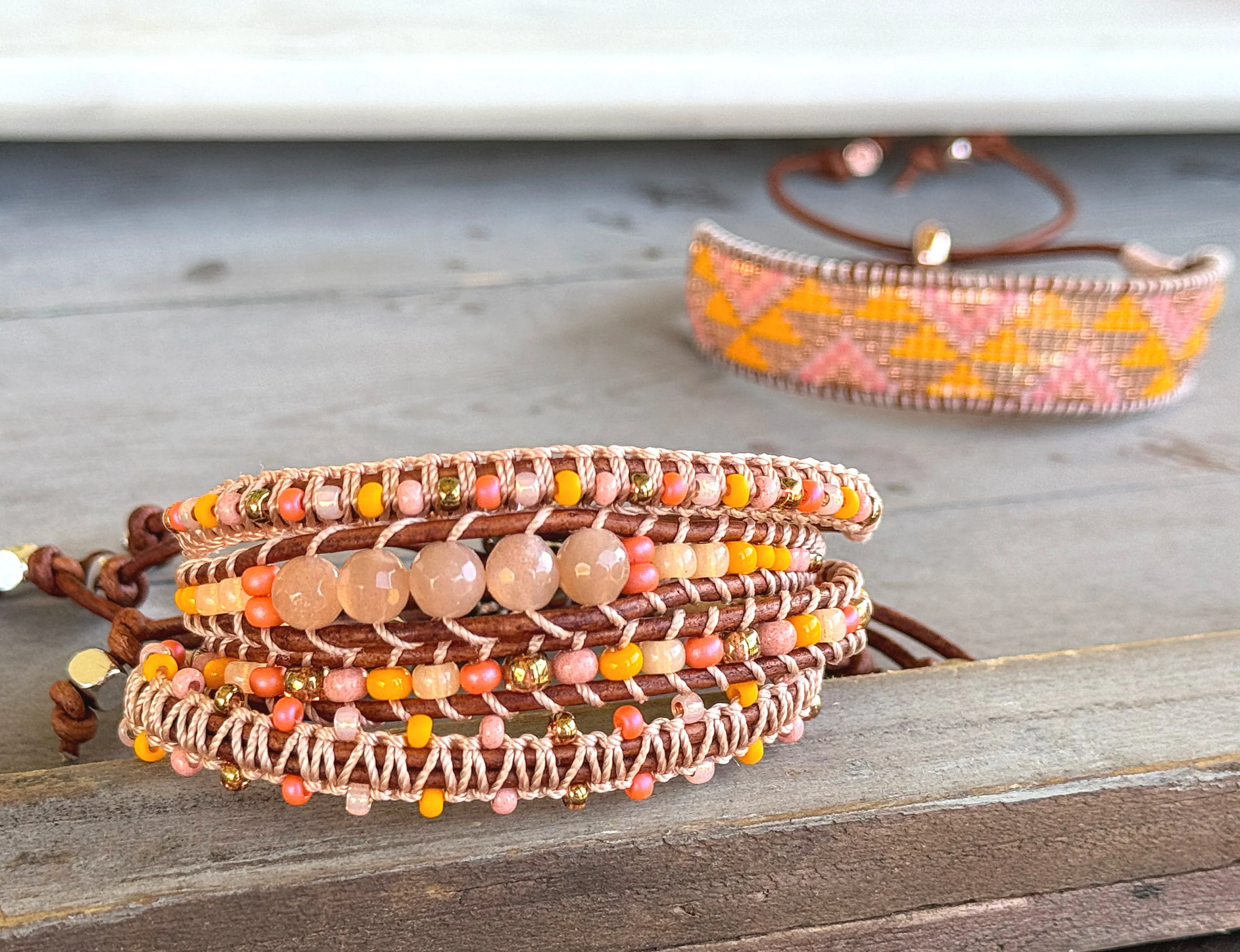 Sunstone, sunshine, peach fuzz, coral and glass bead Adjustable Leather Bracelet