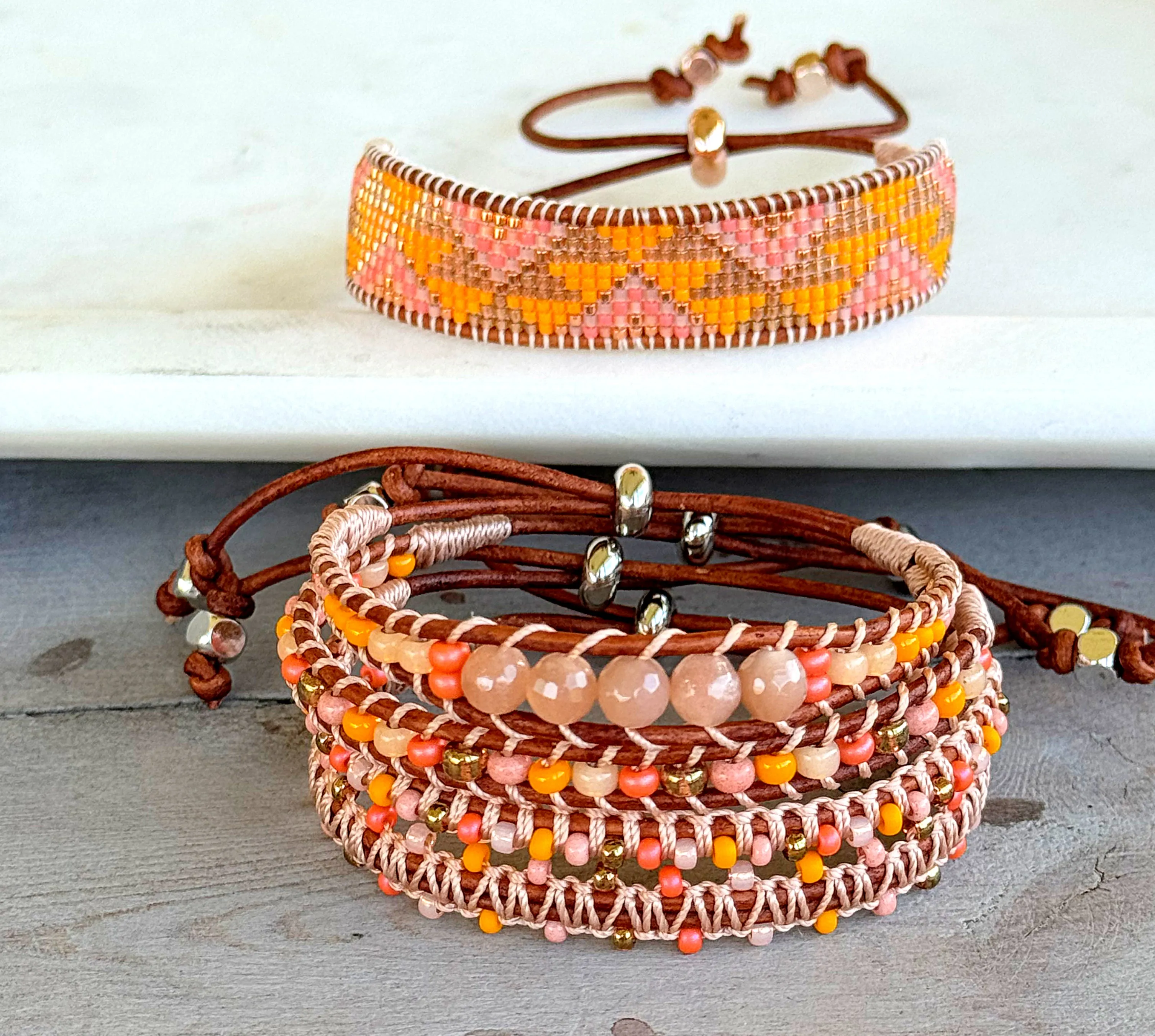 Sunstone, sunshine, peach fuzz, coral and glass bead Adjustable Leather Bracelet