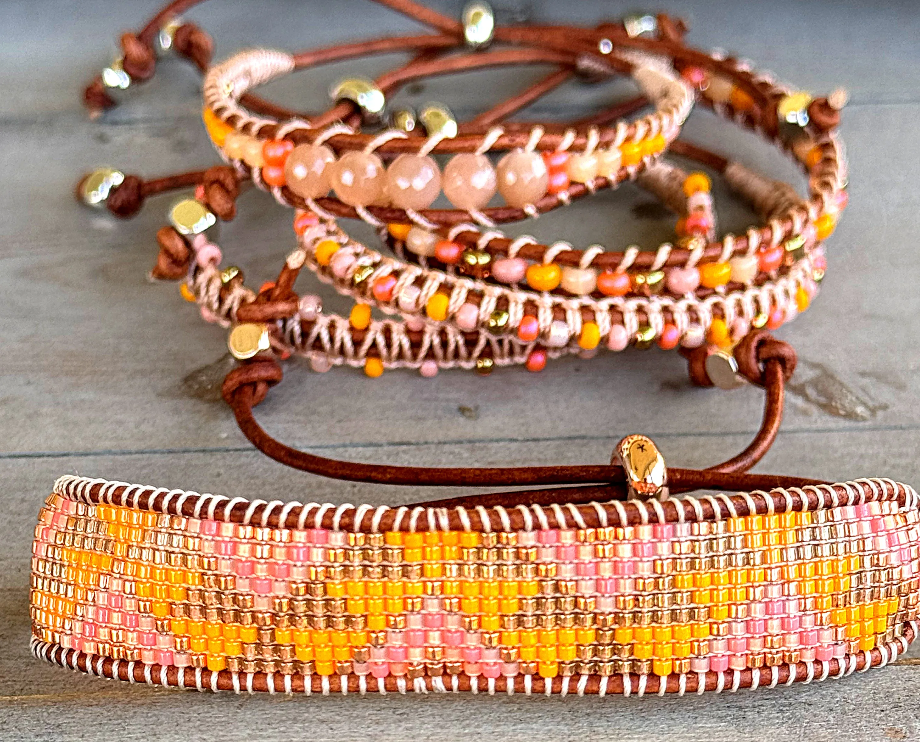 Sunstone, sunshine, peach fuzz, coral and glass bead Adjustable Leather Bracelet