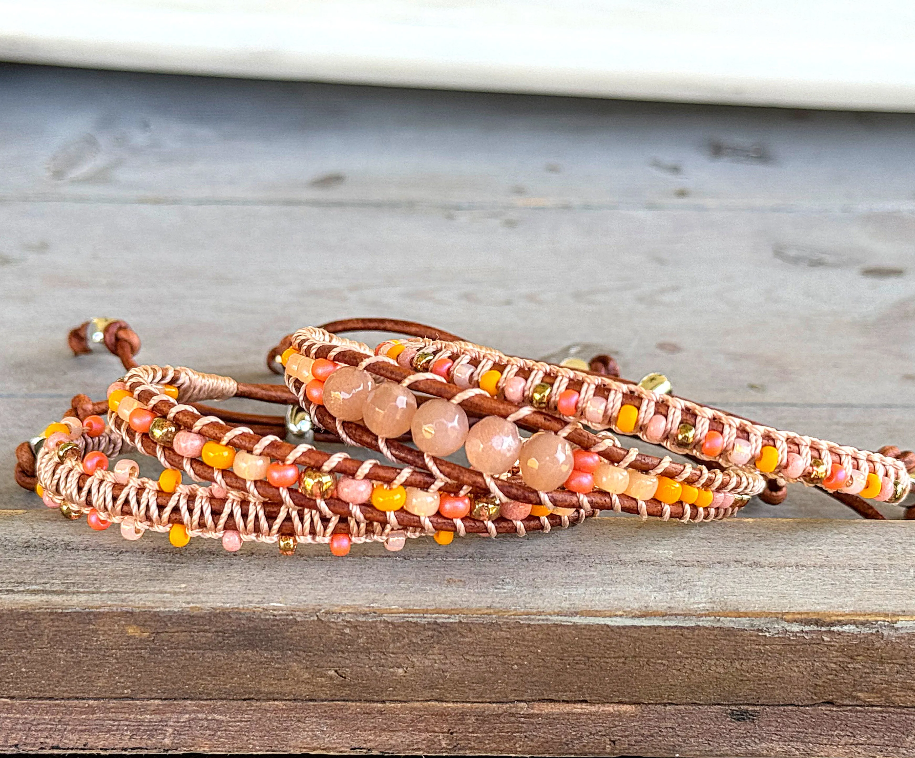 Sunstone, sunshine, peach fuzz, coral and glass bead Adjustable Leather Bracelet