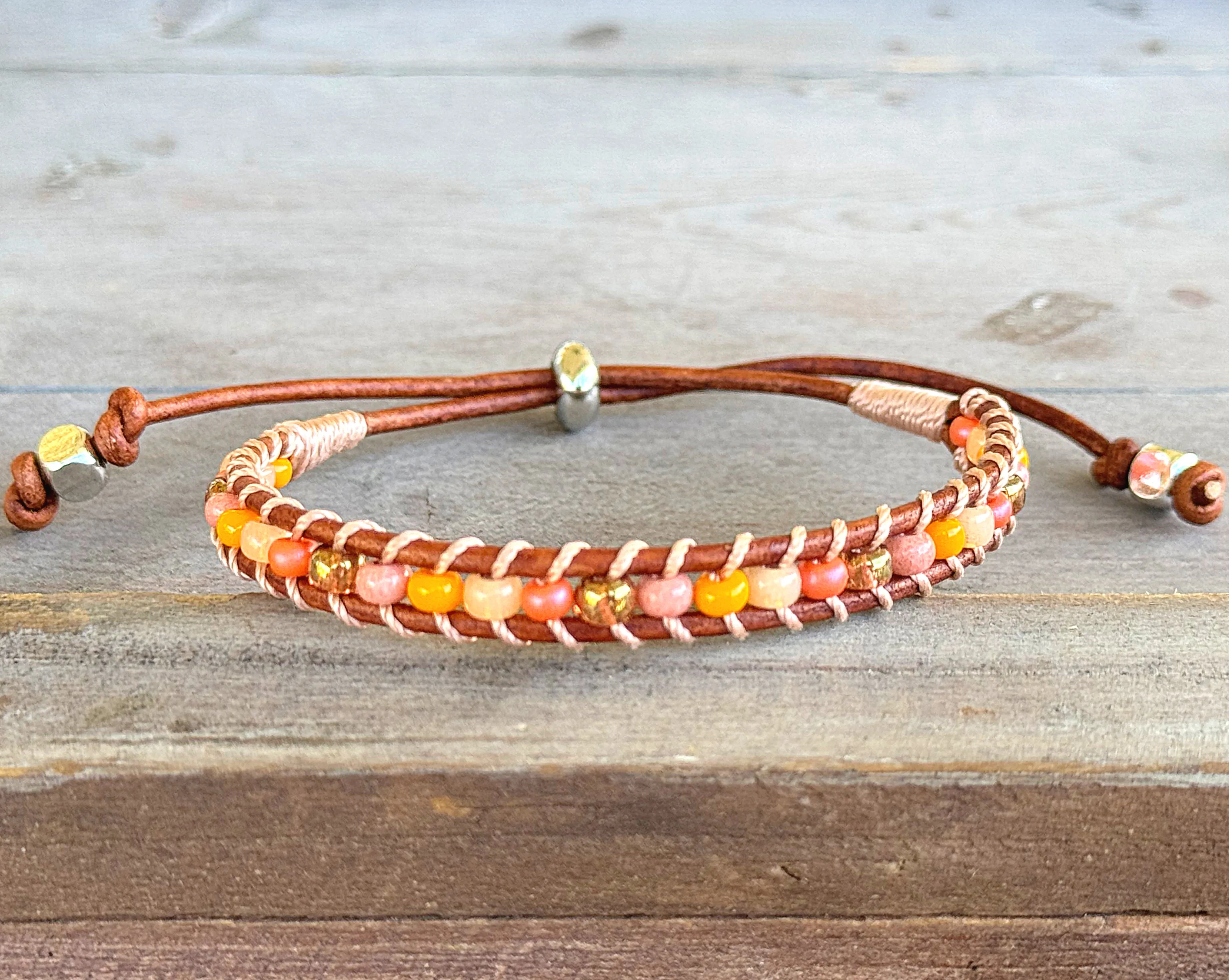 Sunstone, sunshine, peach fuzz, coral and glass bead Adjustable Leather Bracelet