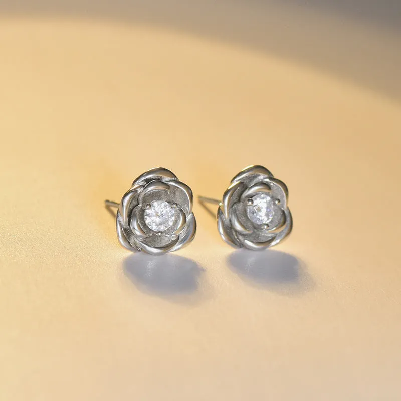 Three Prongs Round Zircon Rose Silver Stud Earrings for Women