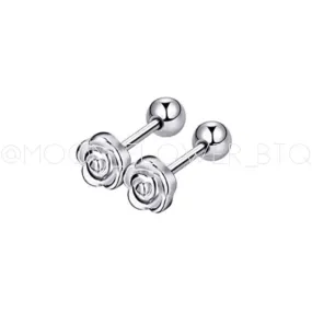 Tiny Silver Rose Barbell Earrings