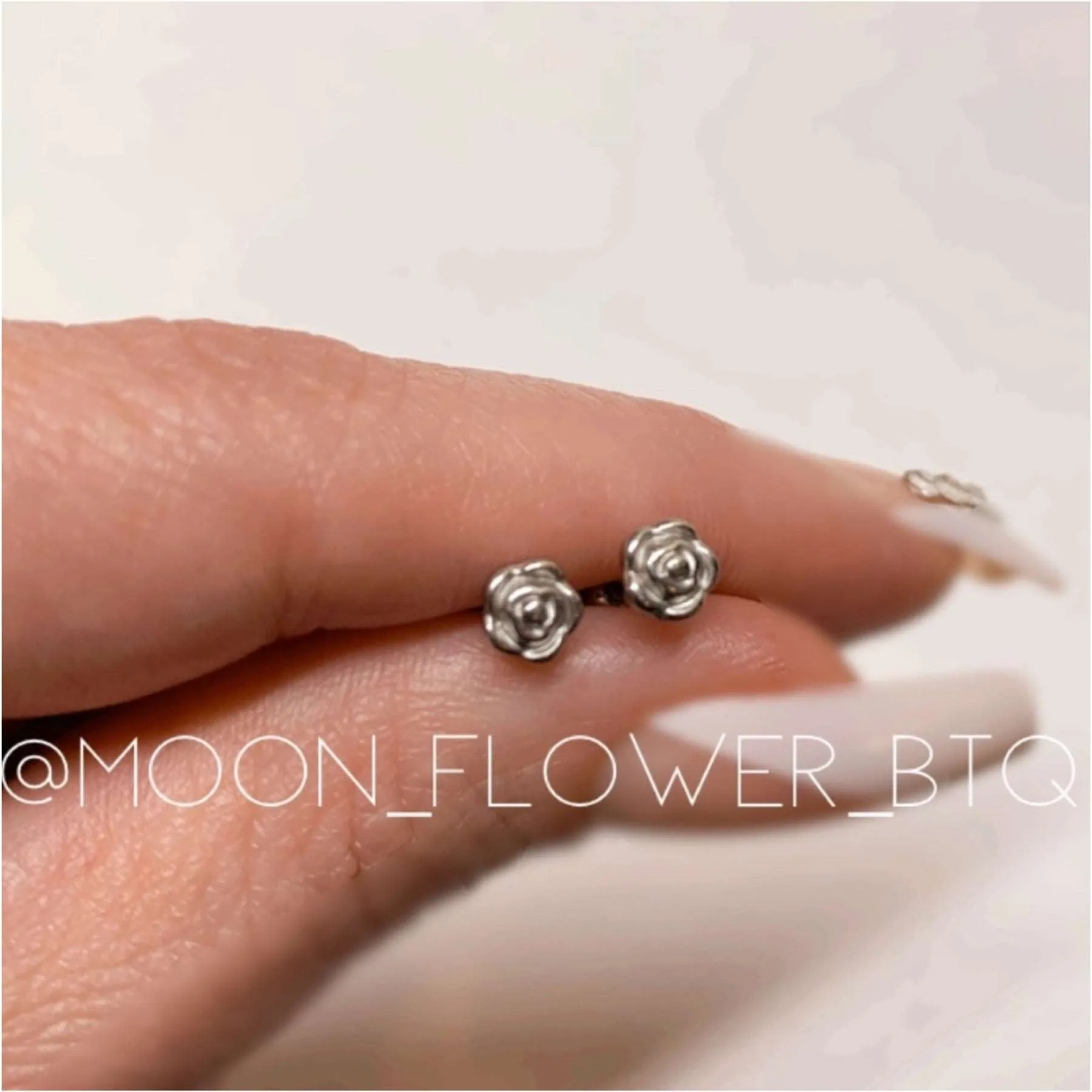 Tiny Silver Rose Barbell Earrings