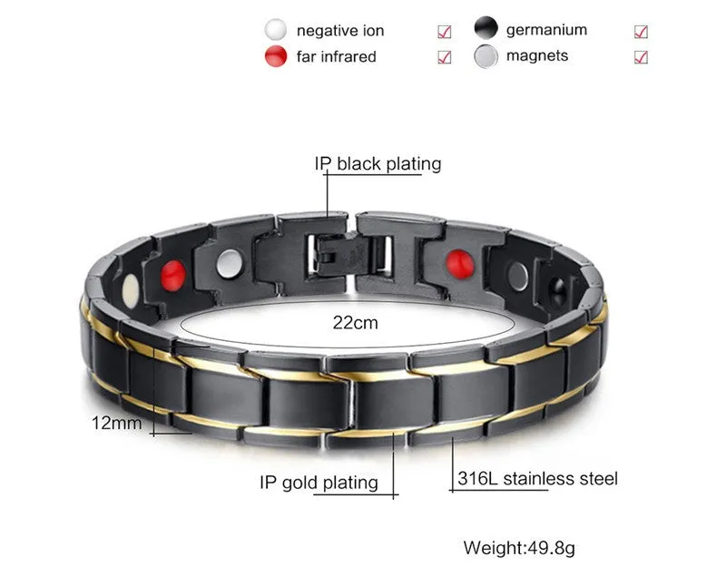 Top Quality Health Men Bracelet Bangle 316L Stainless Steel Magnetic Care Jewelry Black & Gold Plated