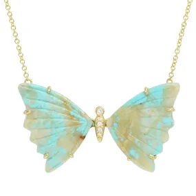 Turquoise and Tan Butterfly Necklace with Diamonds and Prongs