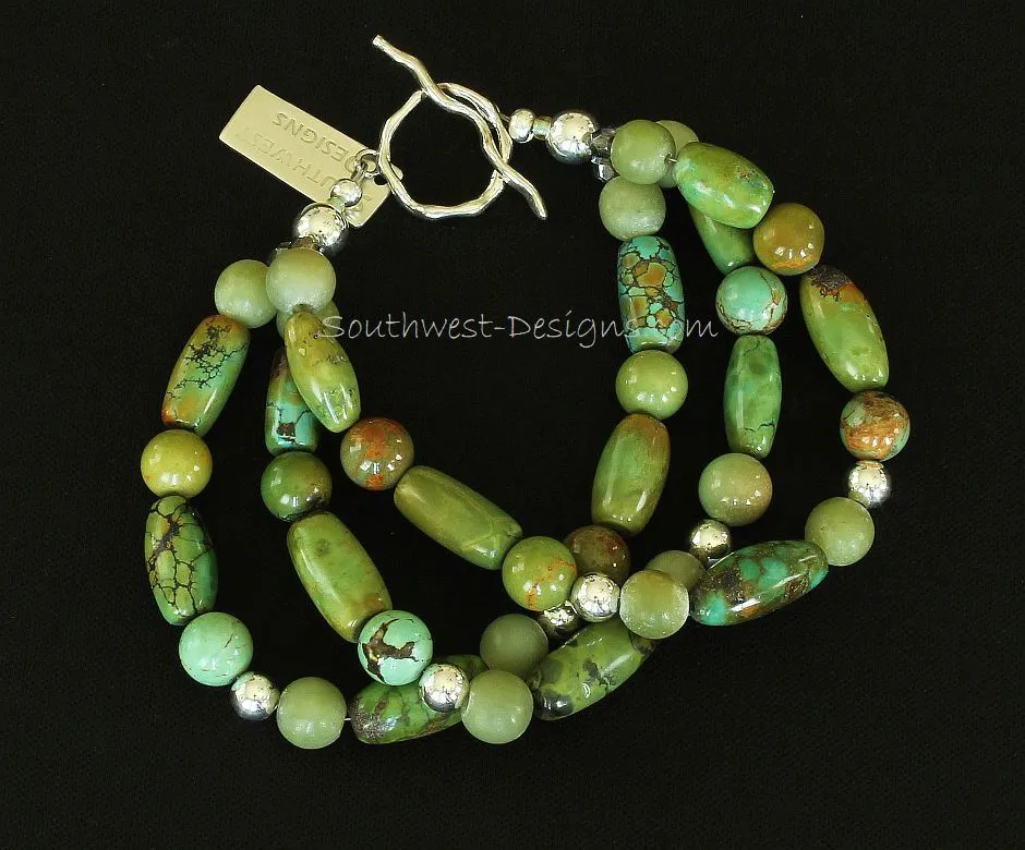 Turquoise Barrel & Round Bead 3-Srand Bracelet with Jade Rounds, Fire Polished Glass, and Sterling Silver Beads and Toggle Clasp