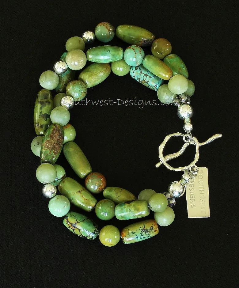 Turquoise Barrel & Round Bead 3-Srand Bracelet with Jade Rounds, Fire Polished Glass, and Sterling Silver Beads and Toggle Clasp