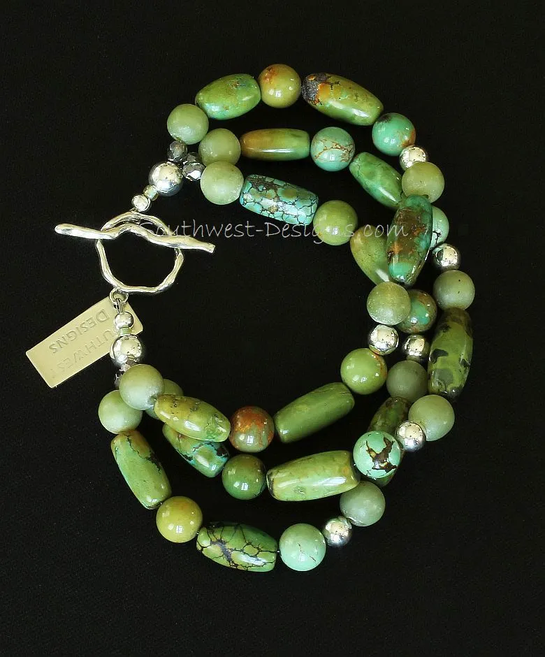 Turquoise Barrel & Round Bead 3-Srand Bracelet with Jade Rounds, Fire Polished Glass, and Sterling Silver Beads and Toggle Clasp