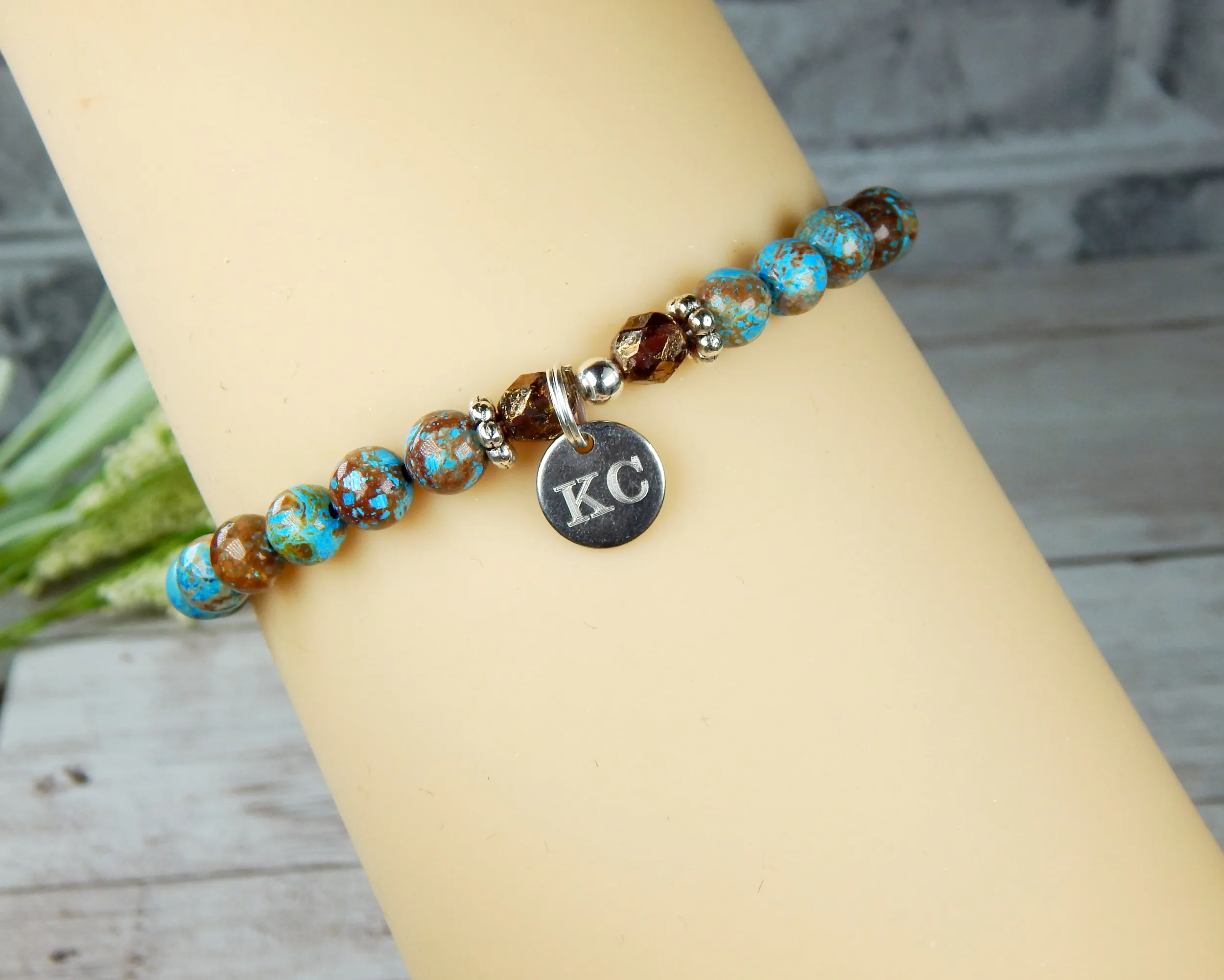 Turquoise Blue Engraved Bracelet for Women - Initial Bracelet - Personalized Jewelry for Women