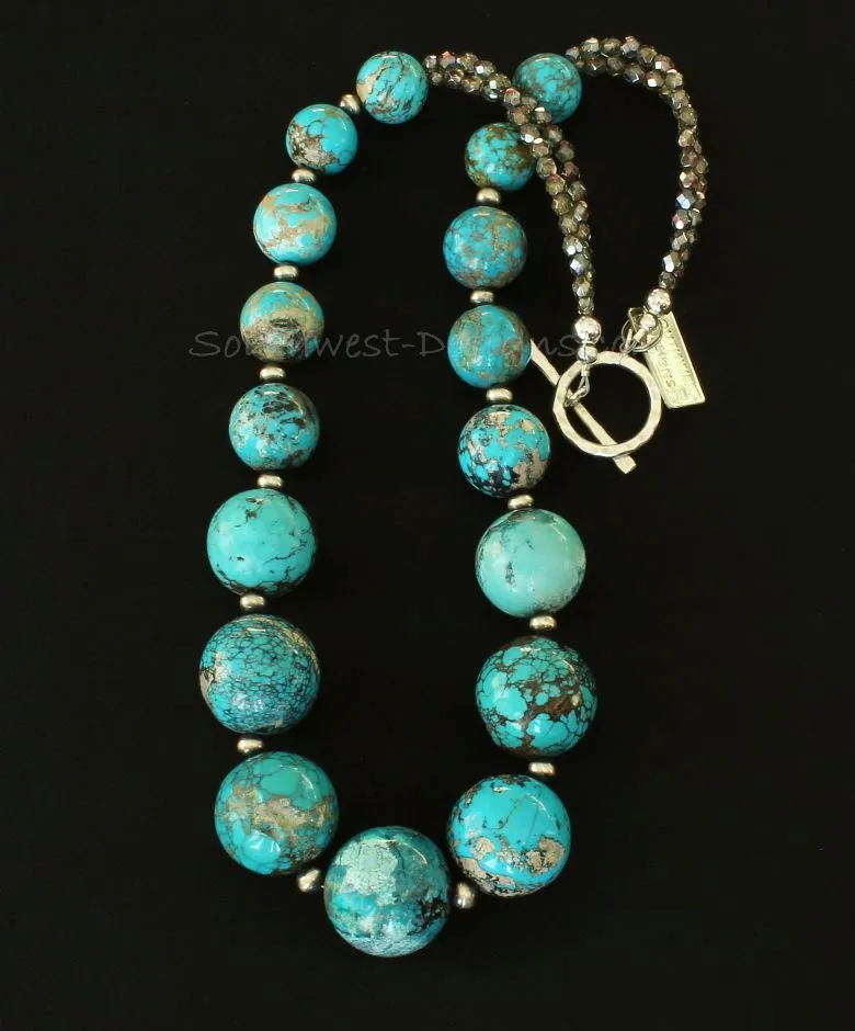 Turquoise Graduated Round Bead Necklace with Oxidized Sterling Silver Rounds, Fire Polished Glass, and a Hammered Sterling Silver Toggle Clasp