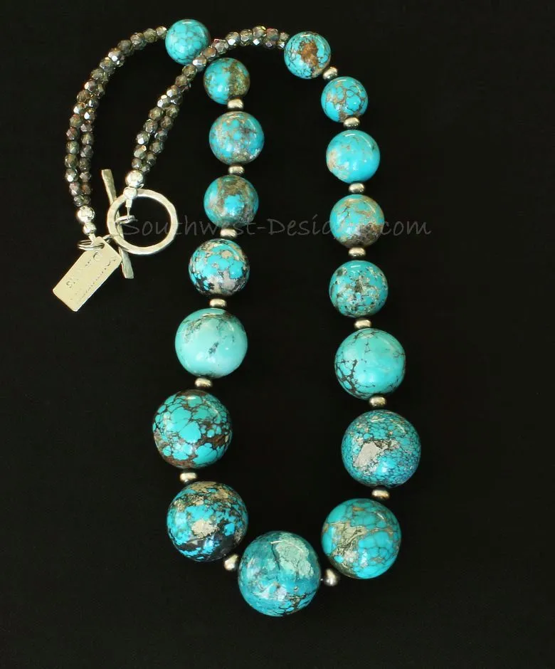 Turquoise Graduated Round Bead Necklace with Oxidized Sterling Silver Rounds, Fire Polished Glass, and a Hammered Sterling Silver Toggle Clasp