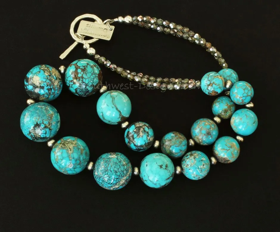 Turquoise Graduated Round Bead Necklace with Oxidized Sterling Silver Rounds, Fire Polished Glass, and a Hammered Sterling Silver Toggle Clasp