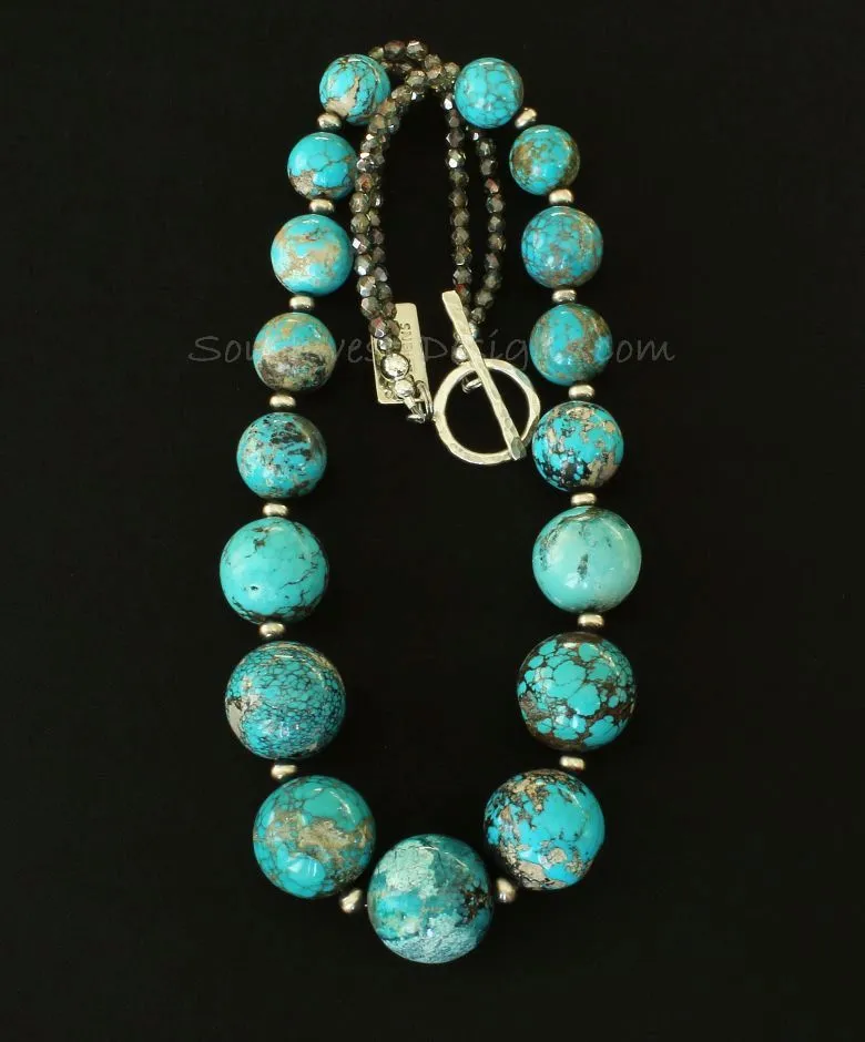 Turquoise Graduated Round Bead Necklace with Oxidized Sterling Silver Rounds, Fire Polished Glass, and a Hammered Sterling Silver Toggle Clasp