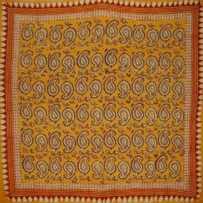 Veggie Dye Block Print Paisley Scarf Light Cotton 42 x 42 Saffron