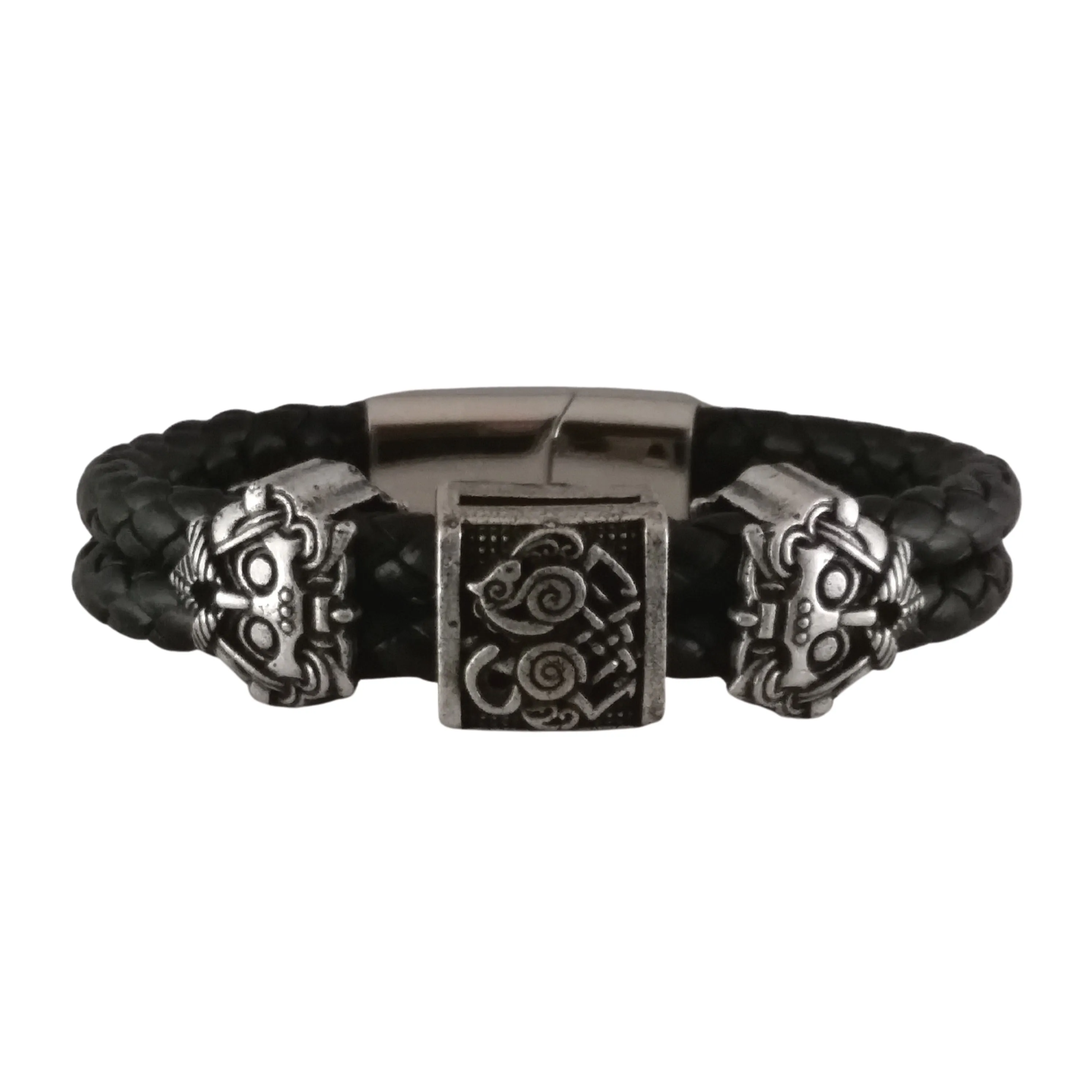 Viking Bracelet Silver Black Leather Odin Sleipnir