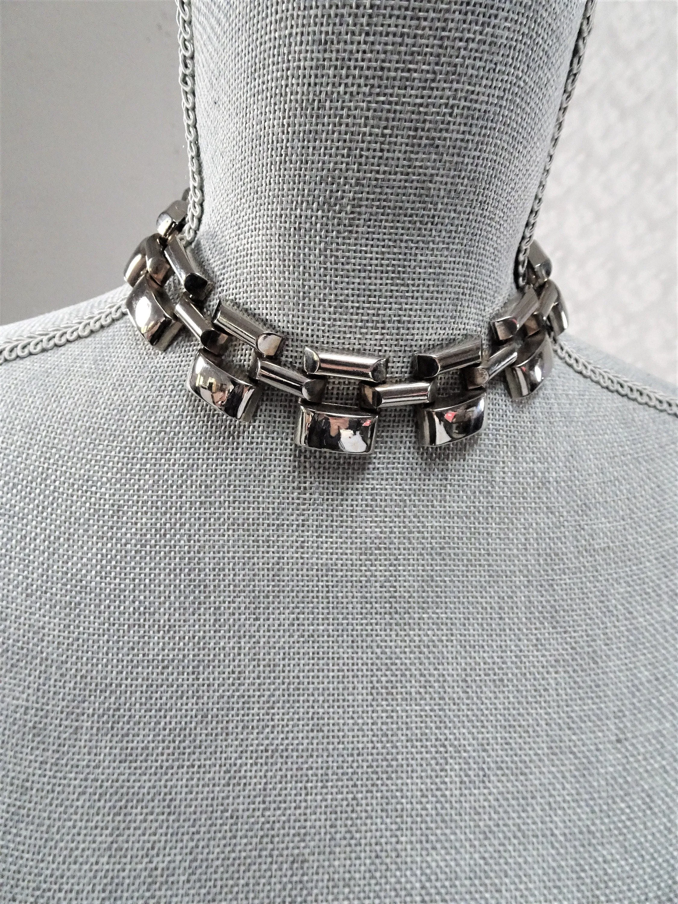 VINTAGE Dramatic Chrome Necklace, Art Deco, Modernist, Machine Age, Industrial Design, Stunning Design,Collectible Jewelry