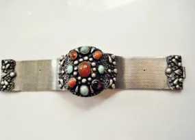 Vintage Egyptian Silver, Carnelian, Turquoise and Coral Wide Bracelet