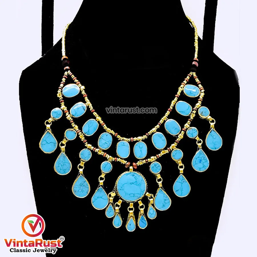 Vintage Tribal Turquoise Stone Bib Necklace