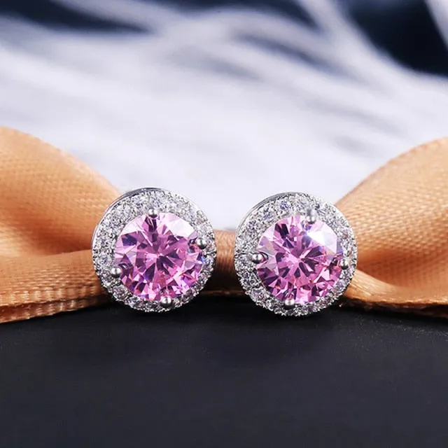 Wedding Jewelry Classic Round Stud Earrings for Women with Zircon in Silver Color