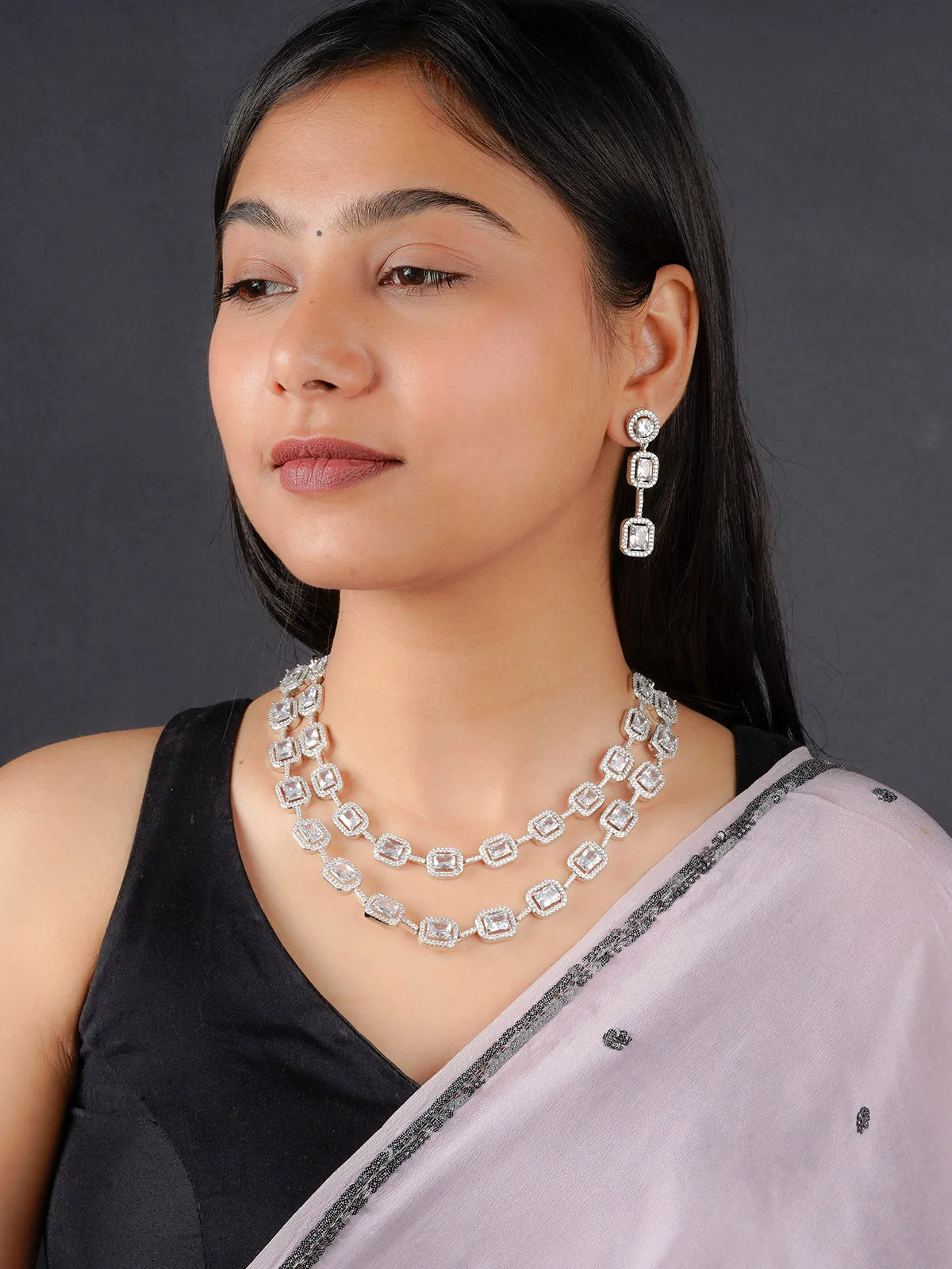 White Color Silver Plated Faux Diamond Necklace Set - CZSET320