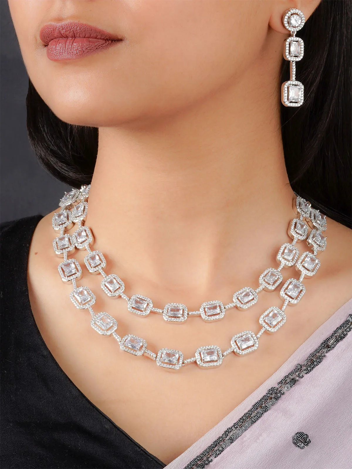 White Color Silver Plated Faux Diamond Necklace Set - CZSET320