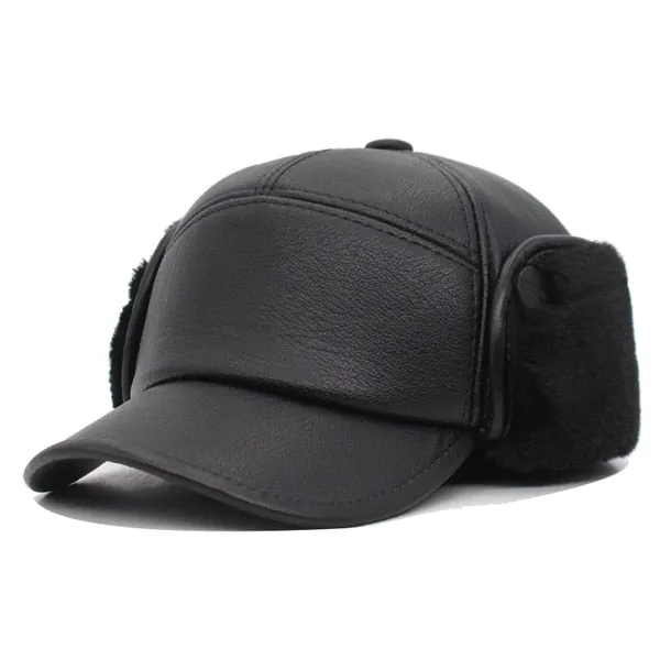 Winter Baseball Cap Men Snapback Black Leather Earflaps Dad Hats For Men Women PU Bone Gorra Casquette Solid Male Hat Cap