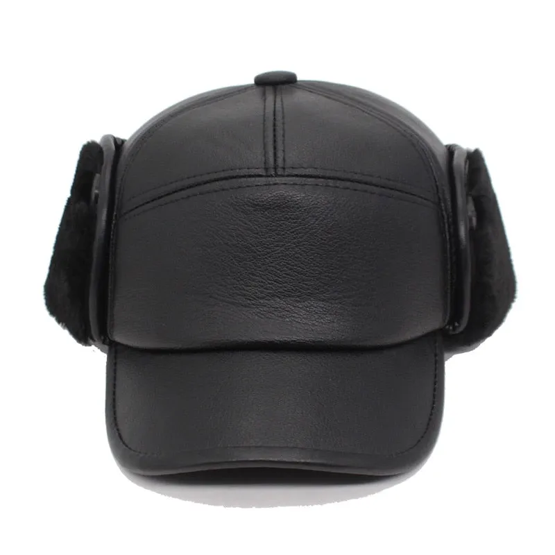 Winter Baseball Cap Men Snapback Black Leather Earflaps Dad Hats For Men Women PU Bone Gorra Casquette Solid Male Hat Cap