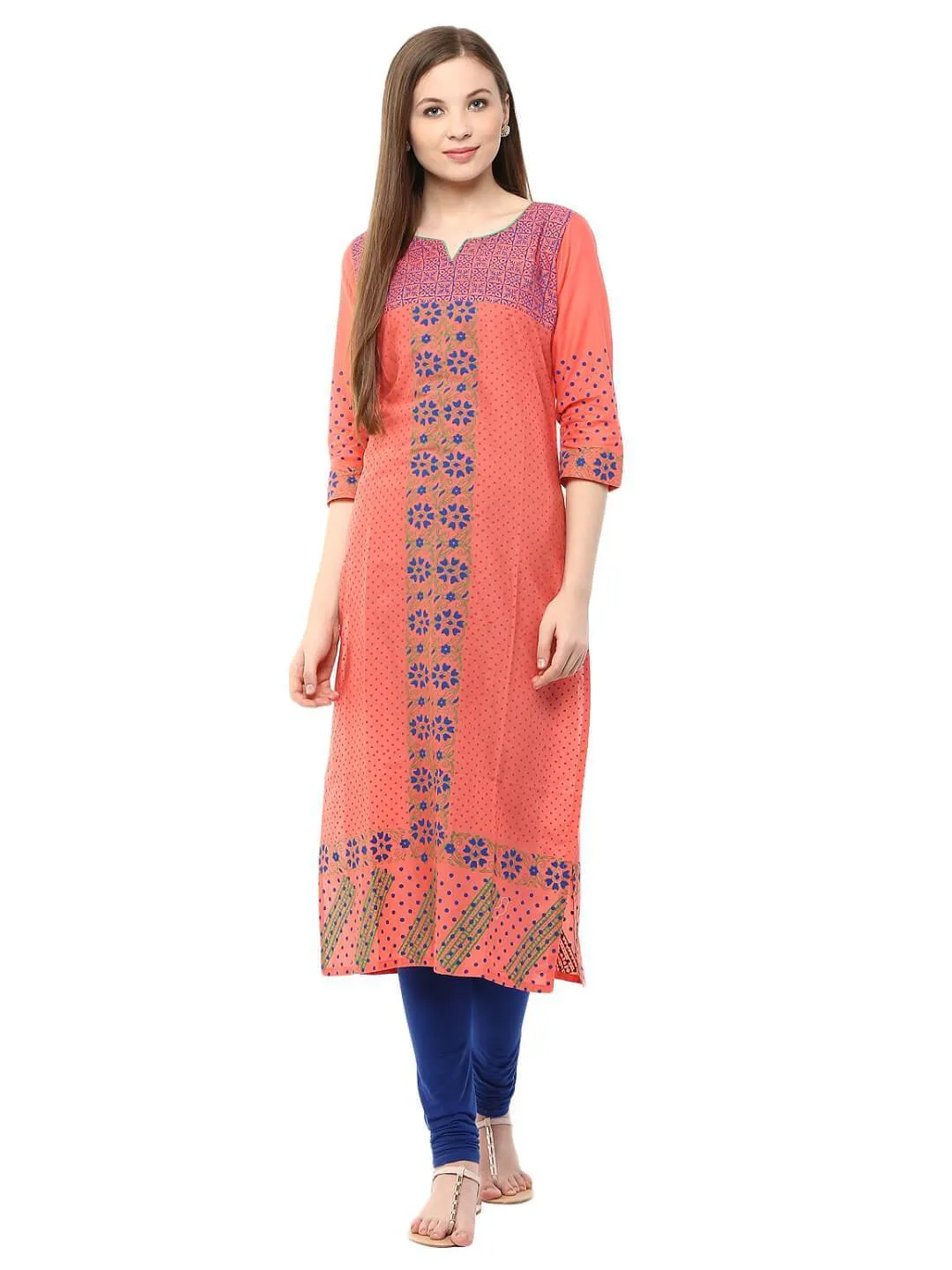 Women Coral Pink Floral Ajrakh Hand Block Cotton Printed Straight Kurta - Bhor