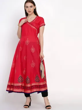 Women Coral Red Overlap Ajrakh Hand Block Cotton Printed Anarkali - Inayat