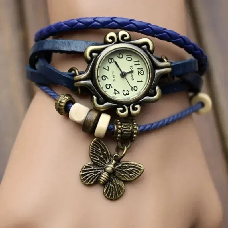 Women Fashion Leather Vintage Quartz Watch Multi Layer Handmade Bracelet Wristwatches Adjustable Length Couple Watch Accessories