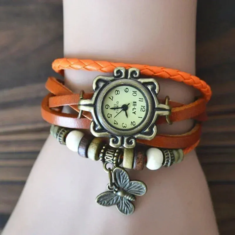 Women Fashion Leather Vintage Quartz Watch Multi Layer Handmade Bracelet Wristwatches Adjustable Length Couple Watch Accessories